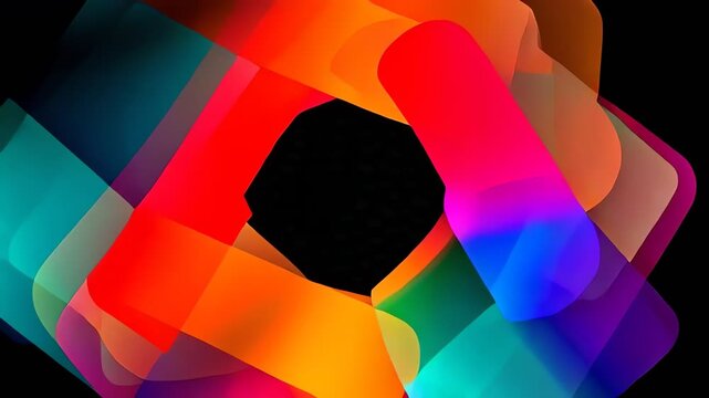 Vibrant abstract pattern of overlapping translucent rounded rectangles in a dynamic, colorful arrangement against a dark background.