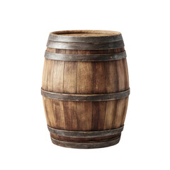 Weathered wooden barrel with metal hoops centered isolated on a transparent background