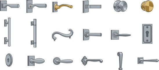 Obraz premium Door Handle and Hardware Vector Set with Modern and Classic Knobs, Levers, Locks and Metal Fixtures Collection
