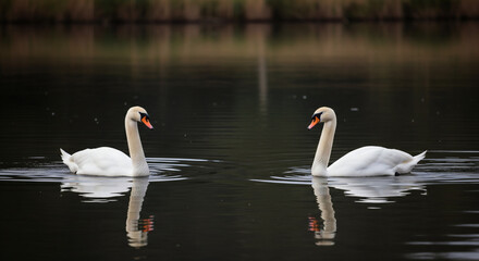 Obraz premium Romantic White Swan Pair Floating Gracefully on Calm Lake