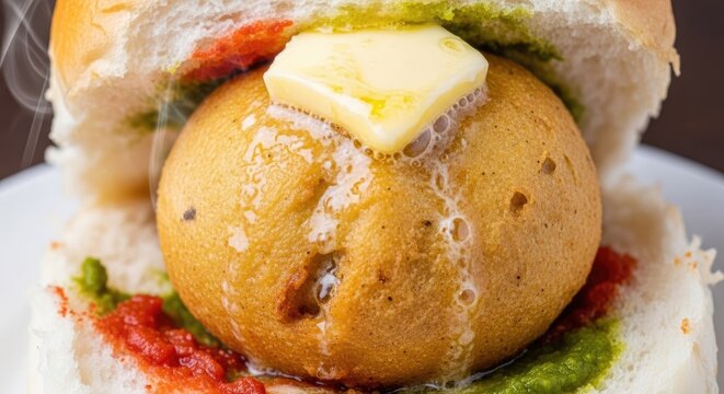 Vada pav closeup Indian street food, Mumbai snack, vegetarian delight, chutney and bun. Delicious, flavorful, savory, traditional cuisine.