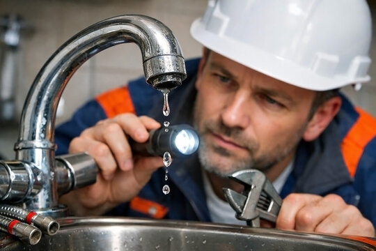 Plumber mechanic repairs a faucet with a flashlight in his hands