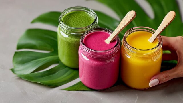 Colorful jars of green, pink, and yellow smoothie bowls with wooden spoons placed on a tropical leaf, showcasing vibrant textures and inviting presentation in a bright setting