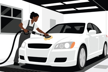 Cartoon illustration of worker polishing white car hood with power buffer and yellow pad inside clean garage, bright setting emphasizing professional automotive detailing and maintenance. © HardTeam