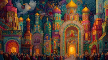 Fototapeta premium Grand, ornate architectural complex, illuminated with vibrant hues, hosts a large ceremonial gathering, evoking awe and festive communal celebration.