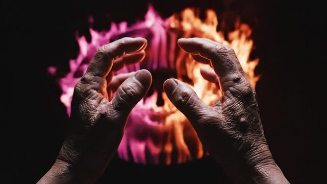 Mysterious hands shape a fiery donut-like entity against a dark backdrop creating abstract energy