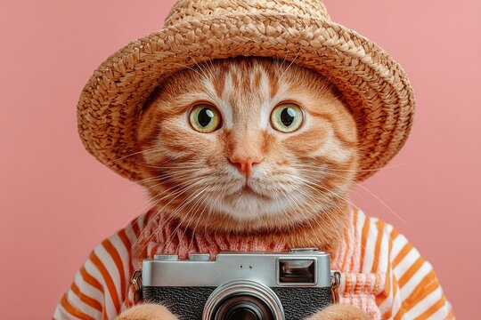 The cute, funny cat clutching a pink camera and a hat for travel, isolated on a background