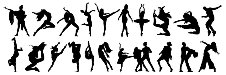   black silhouettes of people in various dance poses on a white background