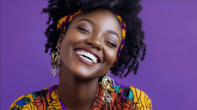 A young dark-skinned woman smiling brightly with a joyful expression, wearing colorful patterned clothing and large hoop earrings