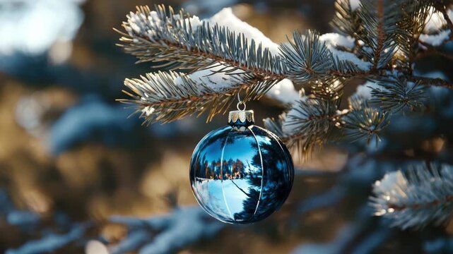 A single Christmas ornament hanging from a pine tree branch in a snowy scene.