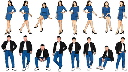 Fototapeta premium Modern fashion collection featuring different style poses of confident woman and men in coordinated outfits isolated on white background.