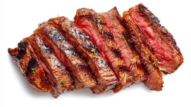 A sliced grilled steak with grill marks on a white background with chopped herbs