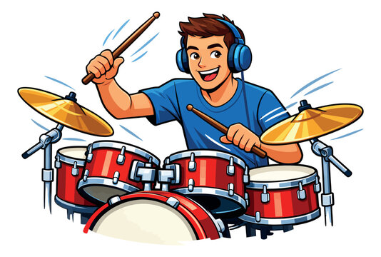Cartoon illustration of a happy young man depicting playing drums with headphones for music and performance