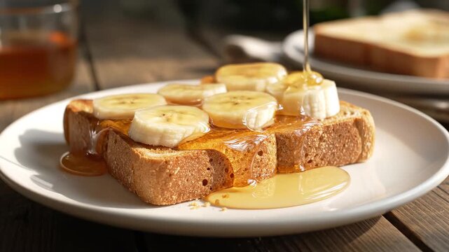 Toast with sliced banana and honey drizzle served on plate for breakfast or snack. Banana snack, sweet fruit toast, healthy banana breakfast, and quick honey banana treat for energy
