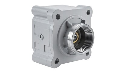 A gray metal electrical connector with a threaded opening