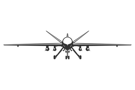 Vector illustrations MQ-9 unmanned aircraft in black and white color from ahead. Silhouette military drone design from front view. Monochrome drawing modern surveillance UAV.