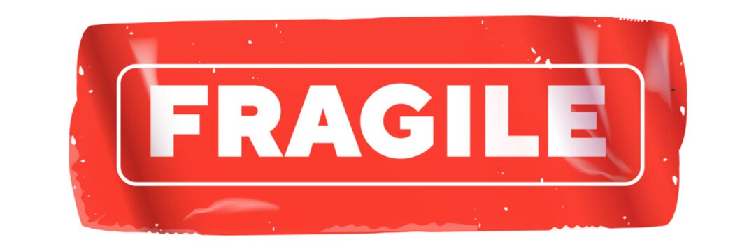 Red FRAGILE sticker with white bold text and tape texture. Horizontal handle with care label for shipping, packaging, and logistics. Isolated on white background vector illustration
