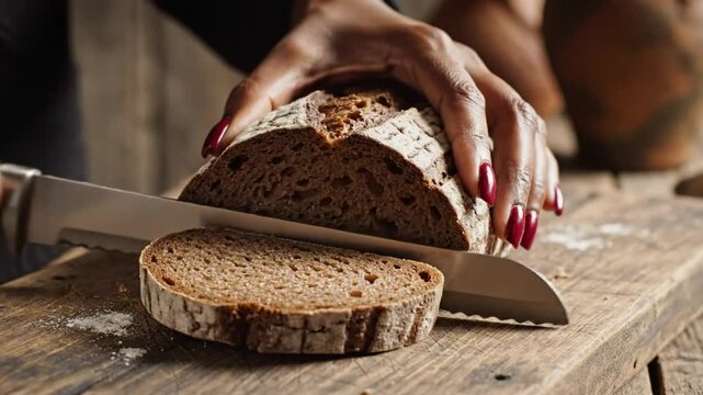 Close-up shot of a person using a serrated knife to cut a fresh loaf of rye bread on a wooden cutting board