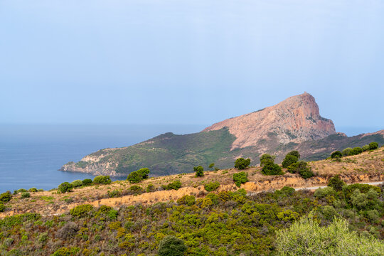 Capu Rossu mountain overlooking the Piana gulf in Corsica, France