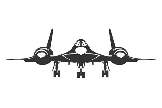 Silhouette SR-71 Blackbird military aircraft design from front view. Vector illustrations reconnaissance jet in black and white color from ahead. Monochrome drawing United States aeroplane.