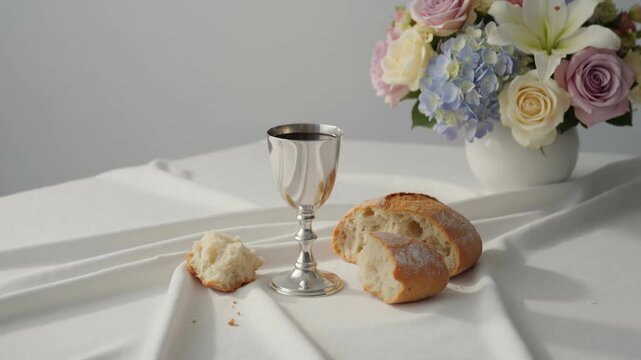 Holy communion elements with silver chalice and broken bread on white tablecloth. Eucharist symbols with floral background. Christian religious sacrament