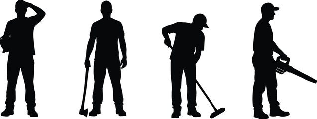 Silhouettes of four men with landscaping tools shovel © Borhan Creatives