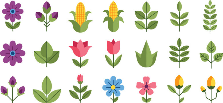 Flat Style Flower and Leaf Icon Vector Set with Corn, Tulips, Blossoms, and Botanical Elements for Nature, Agriculture, and Garden Design Projects.