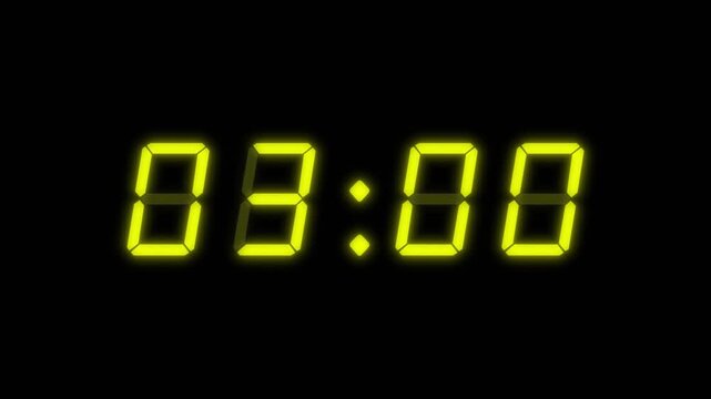 Yellow digital clockface with 4 digits. 30 seconds digital timer. Glowing yellow digits on black background. Retro digital alarm clock animation element, digital clock on keyable background