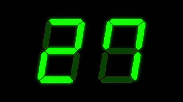 Green digital clockface with 2 digits. 30 second digital countdown. Glowing green digits on black. Retro digital alarm clock animation element, glowing digital clock over black