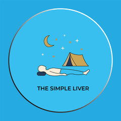 Minimalist Illustration of a Person Sleeping Outdoors Near a Tent Under a Night Sky with Moon and Stars