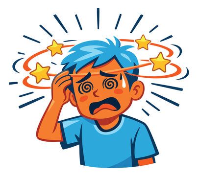 Cartoon illustration of a boy depicting dizziness and confusion for health concepts