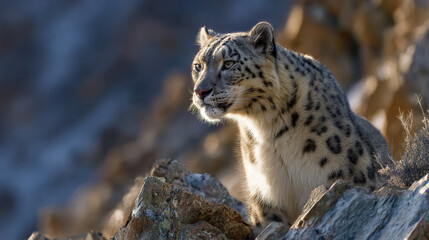 Fototapeta premium A snow leopard sits on a rocky outcrop in its natural mountainous habitat environment