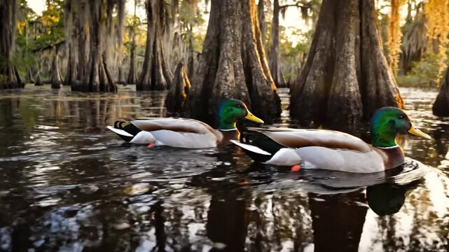 Mallard ducks gracefully swimming in a calm, reflective swamp with Spanish moss-covered trees and a golden sunset