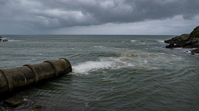 Ocean outfall pipe discharging waste water pollution into the sea on a cloudy day outfall pipe, discharge.