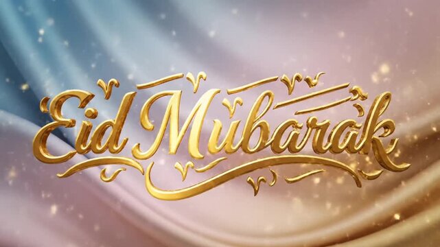 Eid Mubarak golden 3D text message floats over a shimmering soft fabric background for holiday social media marketing and promotions.