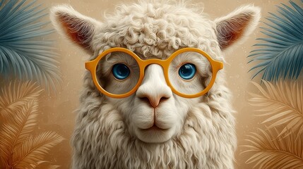 Fototapeta premium Bright orange background and green leaves behind a llama wearing glasses
