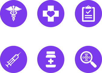 Obraz premium Set of Purple UI Healthcare Circle Button Icons, Minimalist Vector Symbols for Medical UI and Education