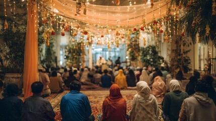 Fototapeta premium Digital art of a Muslim community in prayer, illuminated by festive lights and decorations, symbolizing unity and spiritual devotion during Eid.