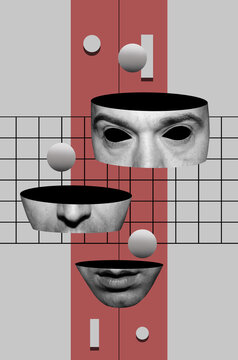 Collage art in surrealism style with a head of a man against geometric background	