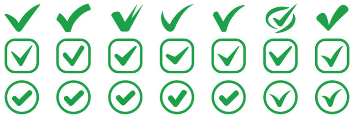 Check Box Icon with Green Tick Mark, Correct Accept Symbol in Square and Circle Frame, Modern Clean Vector Design. © Ayat 04