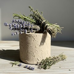 Lavender and rosemary herbs in a beige pot on a table