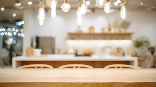 Empty wooden table with blurred cafe interior and warm lighting background