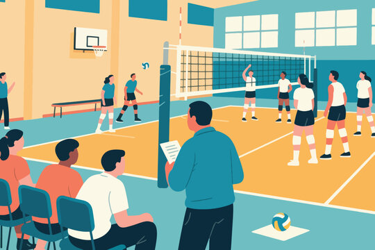 Cartoon illustration of indoor volleyball game in gymnasium, female players on court preparing to receive serve, coach with clipboard near net, bright sports facility with spectators.