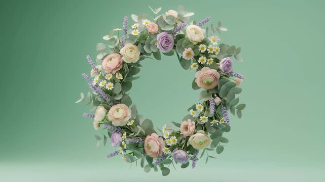 Rotating Floral Wreath with Ranunculus and Lavender on Pastel Green Background