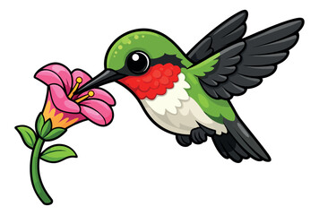 Obraz premium Cartoon illustration of a hummingbird depicting drinking nectar from a pink flower for nature designs