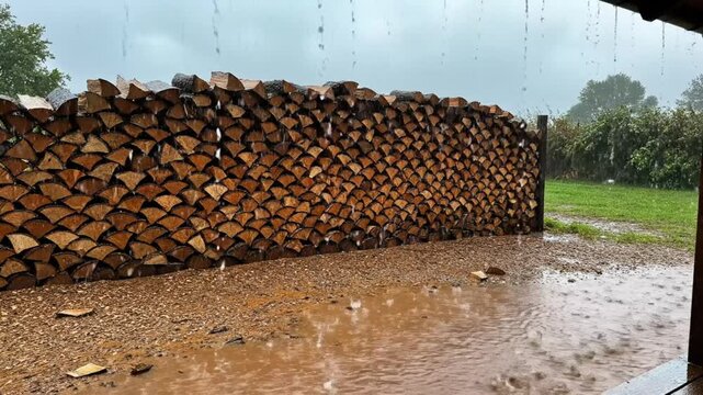 Rain falling on a large stack of firewood creating puddles on the ground near a green grassy area