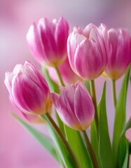 Naklejka premium Un ramo de tulipanes rosados con centros amarillos, iluminados por una suave luz.