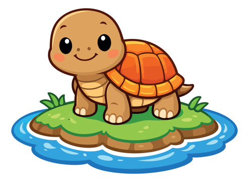 Cute cartoon illustration of a baby turtle depicting it on a small island for children's designs