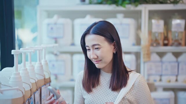 Happy young Asian woman looks at the camera with a friendly smile while choosing eco-friendly products in a modern zero waste refill station store.