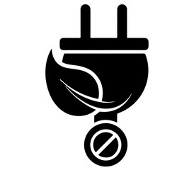 Obraz premium A black and white icon of an electric plug with a leaf and a prohibition symbol